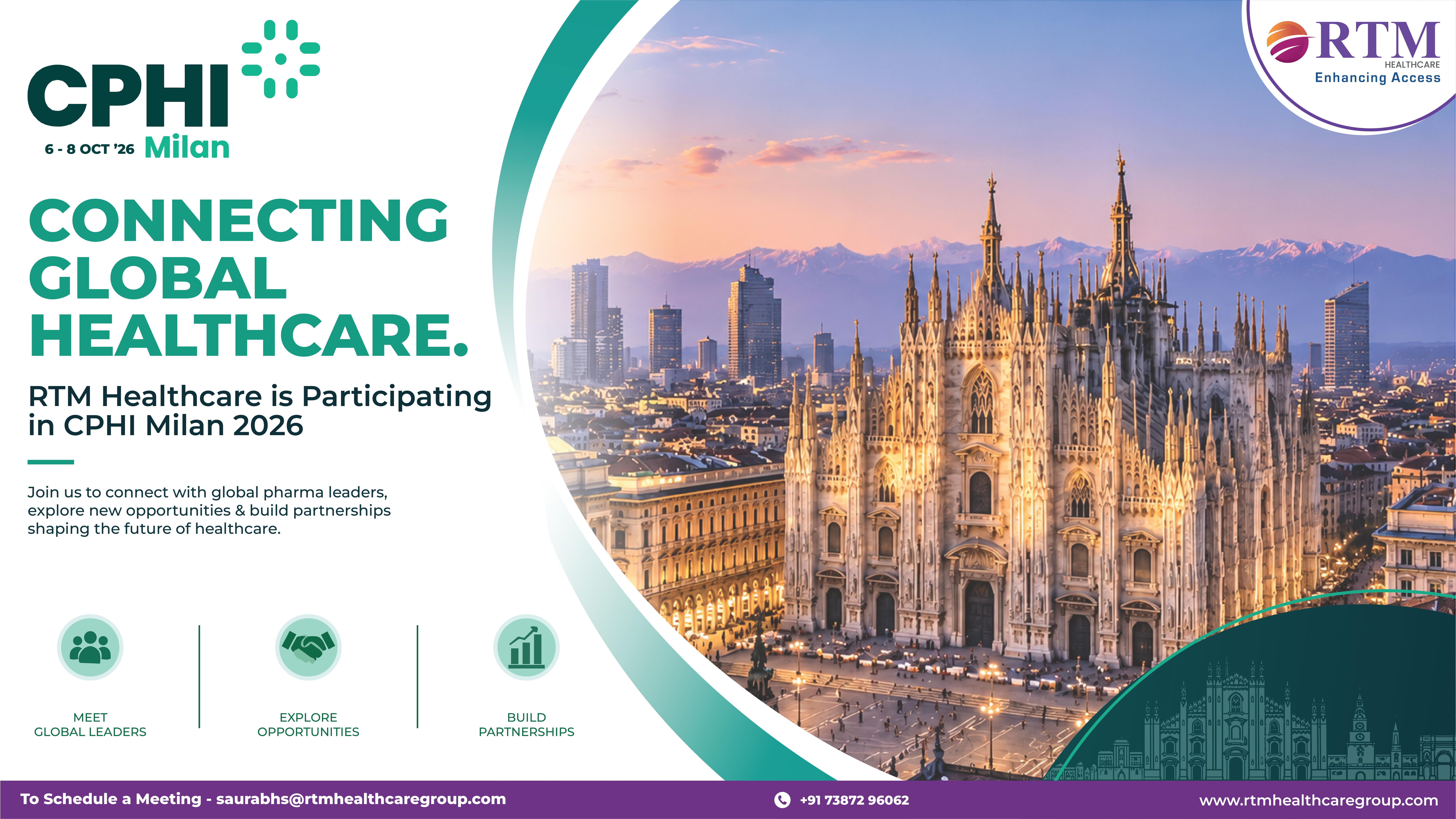 RTM Healthcare Group — CPHI Milan 2026 delegation flyer